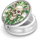 Pill Box-3 Compartment Small Pill Case för Purse & Pocket Mini Metal Pill Holder Travel Pill Container för att hålla Supplements Vitamins BPA-Free (Skull och Rose)
