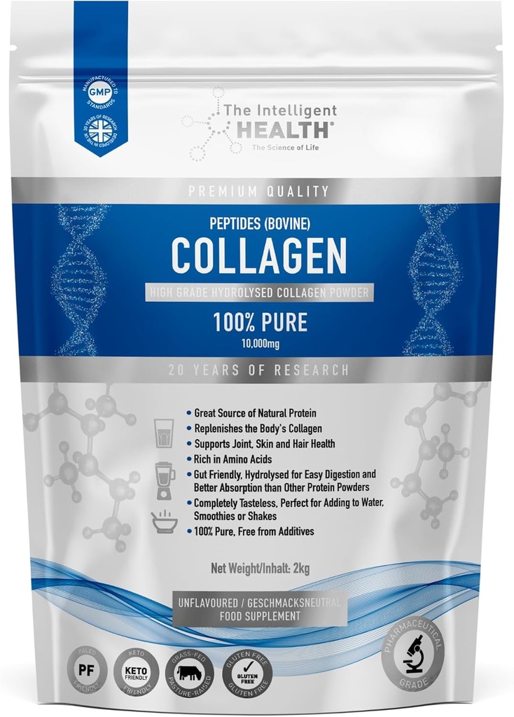 Intelligent Health Hydrolyzed Collagen Peptides Powder, Grass Fed, High Protein, Unflavored, Gluten-Free, Paleo & Keto Friendly, 10g per Servering (2kg) stöder hud, hår, naglar, gemensamma och ben