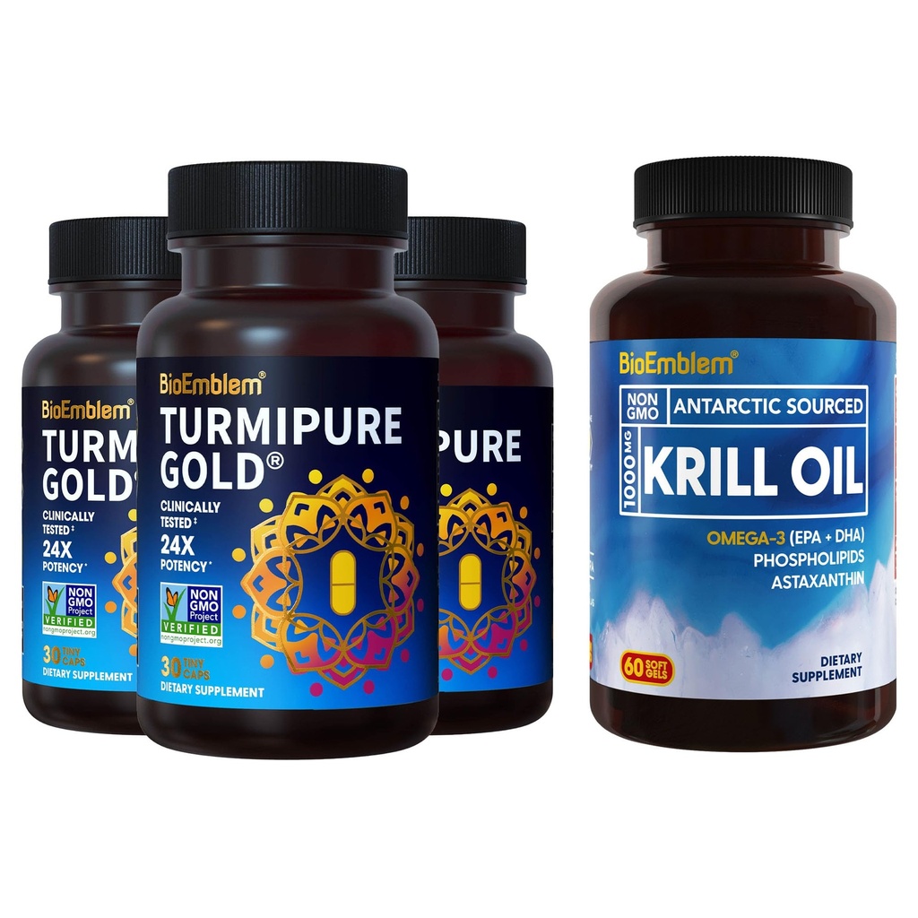 BioEmblem Antarctic Krill Oil Supplement Turmeric Curcumin med kliniskt Studied TurmiPure - Gemensamt stöd, hälsosam inflammation gurkmeja kosttillskott