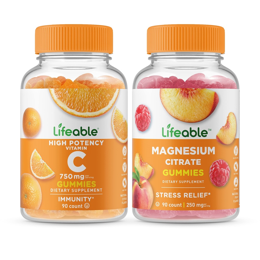 Livlig vitamin C 750mg + Magnesium 85mg, Gummies Bundle - Great Tasting, Vitamin Supplement, Gluten Free, GMO Free, Chewable Gummy