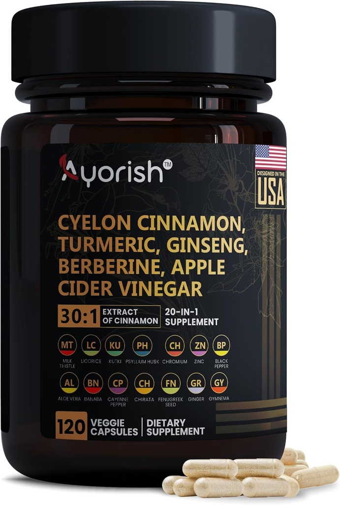 Ceylon Cinnamon Capsule 30:1 Extract Equivalent till 9000mg | Turmeric, Ginseng, Apple Cider Vinegar Berberine Plus Bitter Melon Gymnema, Kutki, Chirata 120 Veg Capsules - 60 Days Supply