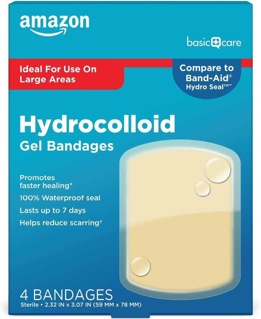 Grundläggande vård Avancerad Fast Healing Hydrocolloid Gel Bandages, Large Wound Dressing, 4 ct