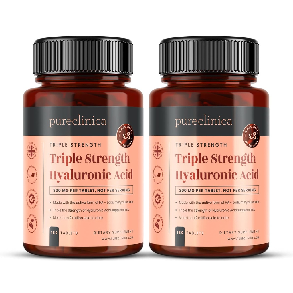 Pureclinica Hyaluronic Acid 300mg x 360 tabletter (2 flaskor med 180-12 månaders leverans). Triple Strength Hyaluronic Acid. 300% starkare än någon annan HLA tablett.