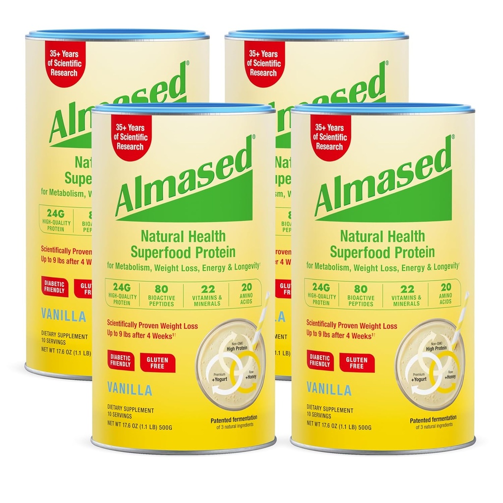 Almased Vanilla Meal Replacement Shake - Low-Glycemic High Plant Base Protein Powder- Nutritional Weight Health Support Supplement - Vanilla Flavor - 17.6 oz (1.1 Pound (4 Pack)