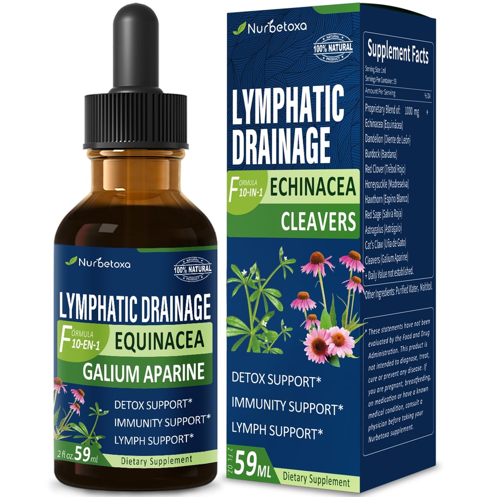 Cleavers Lymphatic Drainage Drops för Lymph System Detox Cleanse, Lymphedema Support Supplement Formula w / Echinacea, Cats Claw, Red Clover Extract Tincture, Använd med Lymph Massage Tool. 2oz