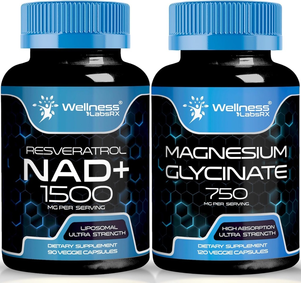 Magnesium Glycinate Capsules - 750mg - Magnesium Supplement High Absorption Supplement - NAD Supplement, 1500mg - Liposomal NAD + Tillägg med Resveratrol