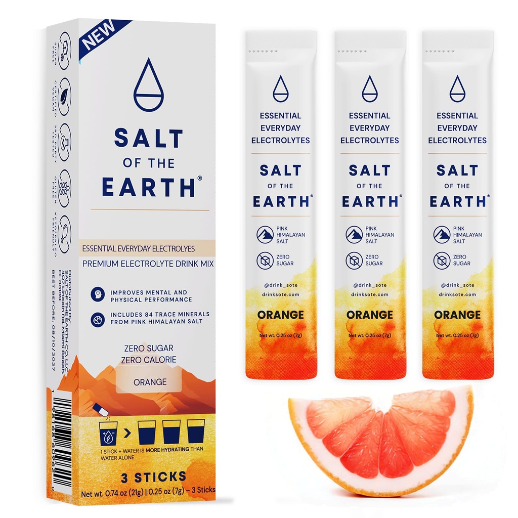 Salt av jorden Premium Zero-Sugar Electrolyte - Made with Pink Himalayan Salt - Hydration Powder Packets | Premium Ingredienser | Keto & Paleo Friendly | 3 Sticks, Orange
