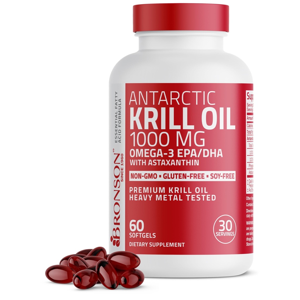 Bronson Antarctic Krill Oil 1000 mg med Omega-3s EPA, DHA, Astaxanthin och Fosfolipider 60 Softgels