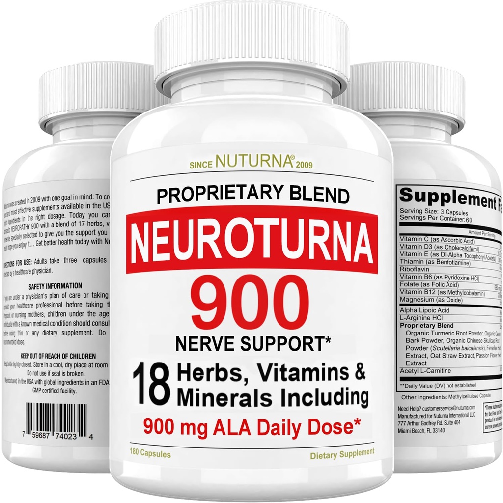 Neuropati Support Nerve Supplement med 900 mg Pure Alpha Lipoic Acid - Maximal styrka Formel, Fortify Nerves i fingrar, händer, tår och fötter - Bästa Perifera Relief Support - 180 kapslar