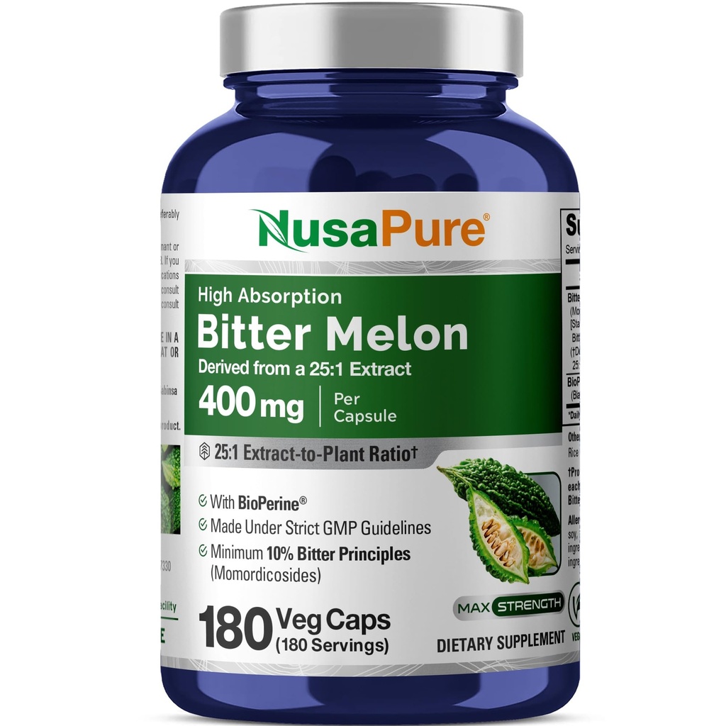 NusaPure Bitter Melon Extract 10.000 mg 180 Vegan Caps (100% Vegetarian, icke-GMO, Gluten-Free, 10% Bitter Principles) Bioperin