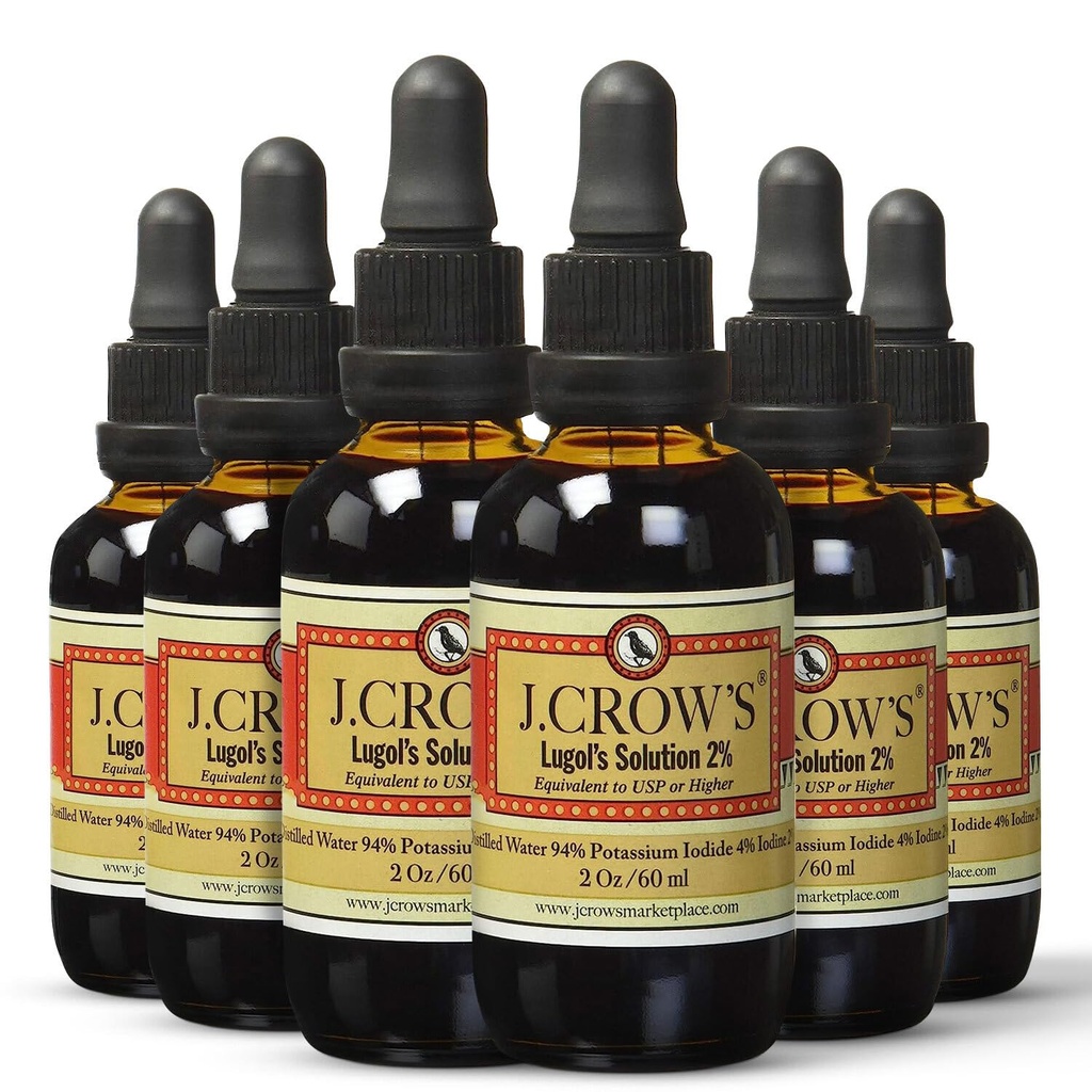 J.CROW'S® Lugols lösning av jod 2% 2 uns (6 flaskor) - Premium jod & kalium jodid flytande, gluten &, alkoholfri naturlig brine extrakt, ingen utgång