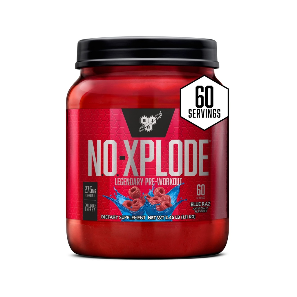 BSN N.O.-XPLODE Pre Workout Powder, Energy Supplement för män och kvinnor med kreatin och Beta-Alanine, smak: Blue Raz, 60 portioner