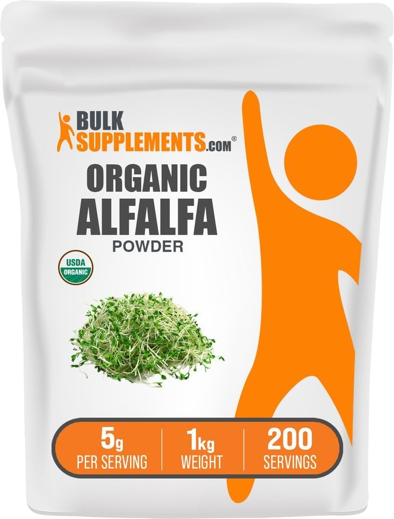 BulkSupplements.com Organic Alfalfa Grass Powder - Alfalfa Supplement, Green Superfood Powder - Vegan & Gluten Free, 5g per Servering, 1kg (2,2 lbs) (Pack av 1)