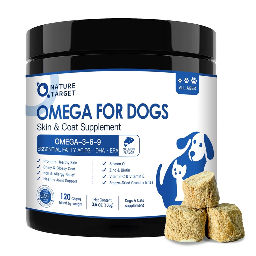 NATURE TARGET Omega 3 Fiskolja för hundar, laxolja för hud- och rocktillskott med EPA & DHA Fatty Acids - Dog Itch & Allergy Relief, Anti Shedding, Hot Spots Treatment - Hip & Joint Support - 120ct