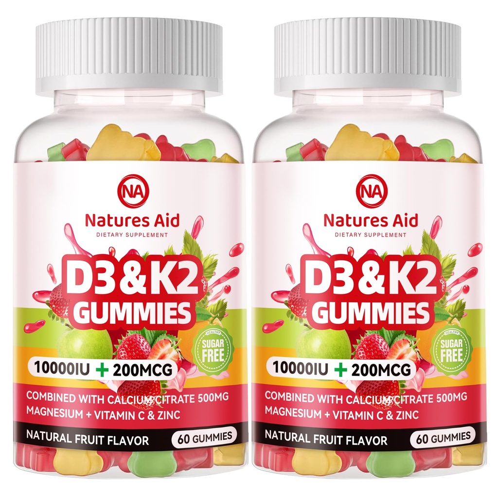 Natures Aid Sugar-Free Vitamin D3 K2 Gummies med Calcium + K2 (MK-7), Magnesium Citrate, Vitamin C, Extra Styrka - Ultimate Absorption för benmuskel tänder immun, Vegan - 120 Gummies
