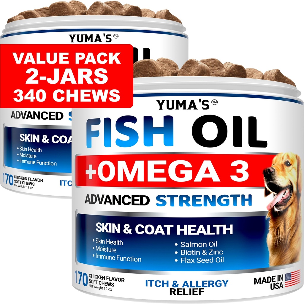 (2 Pack) Omega 3 Fiskolja för hundar - 170 Chews - Hud- och Coat Supplement - Omega 3 för hundar - Torr och Itchy Skin Relief Treatment - Allergy Support Dog Anti Shedding Treats - Salmon - Kyckling smak