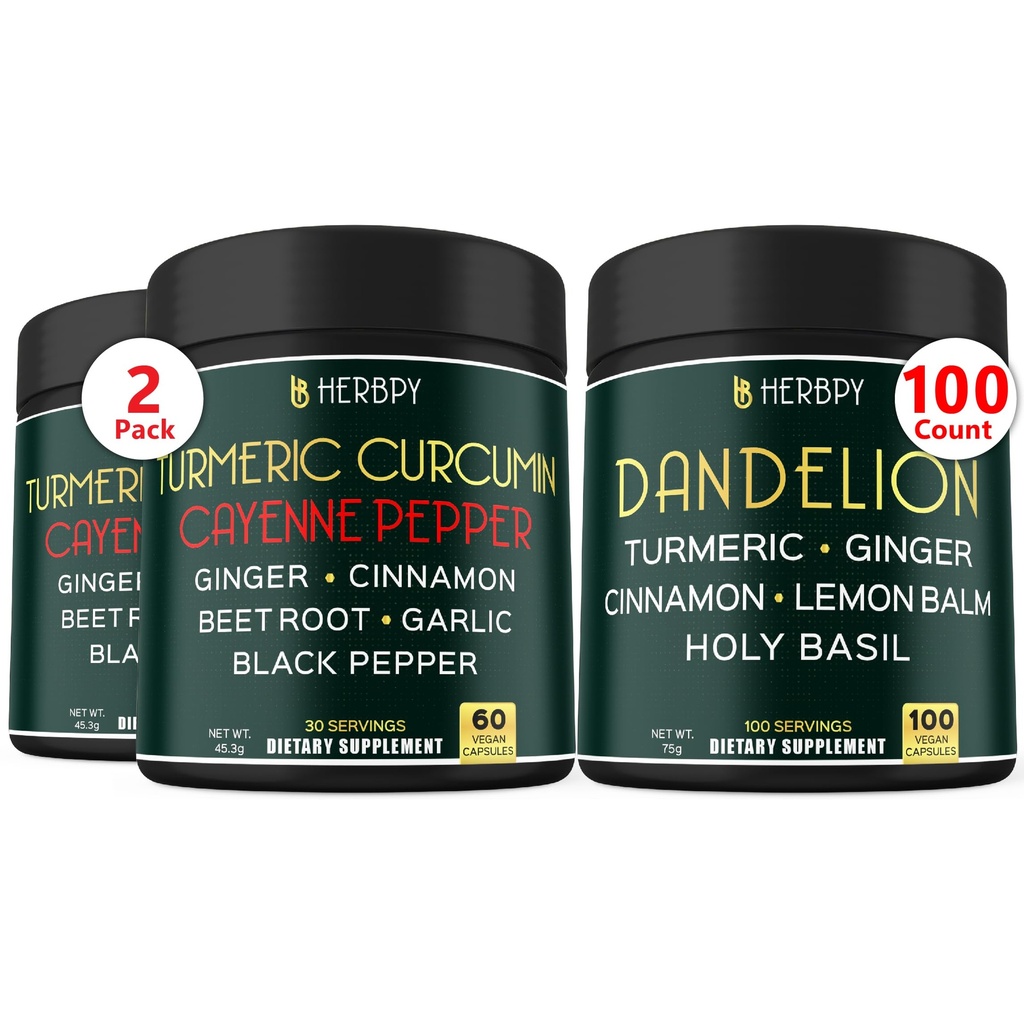 Bundle 7in1 Turmeric Curcumin & 6in1 Dandelion Supplement - Support Heart, Digestion Health och Immune System