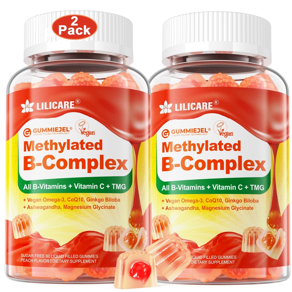 Super Vitamin B Complex Filled Gummies for Women Men, Methylated w/Omega 3