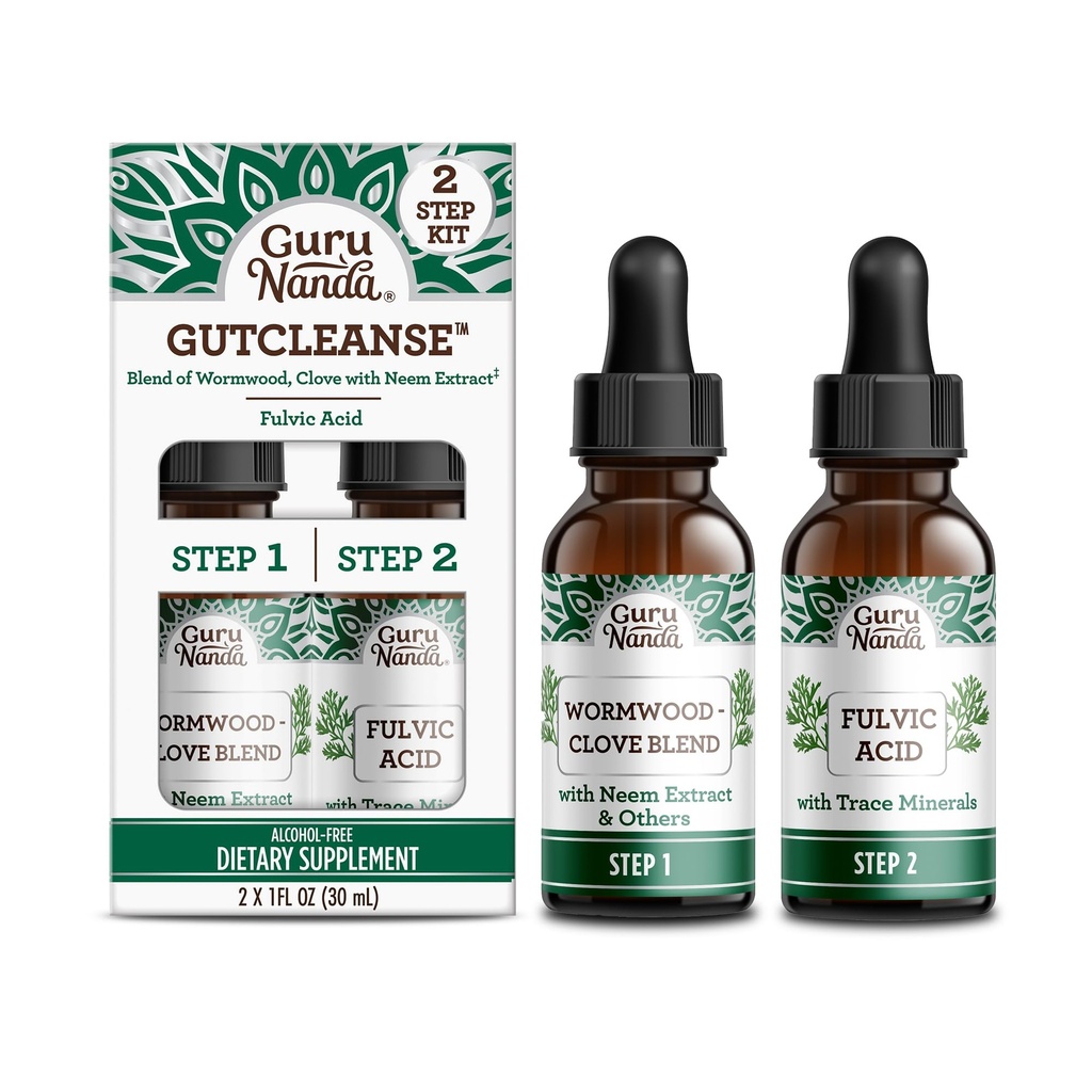 GuruNanda Gutcleanse 2-Step Kit - Kosttillskott för att hjälpa till med matsmältning - Blend of Fulvic Acid, Wormwood, Clove & Neem Extract, 2x1 FlOz