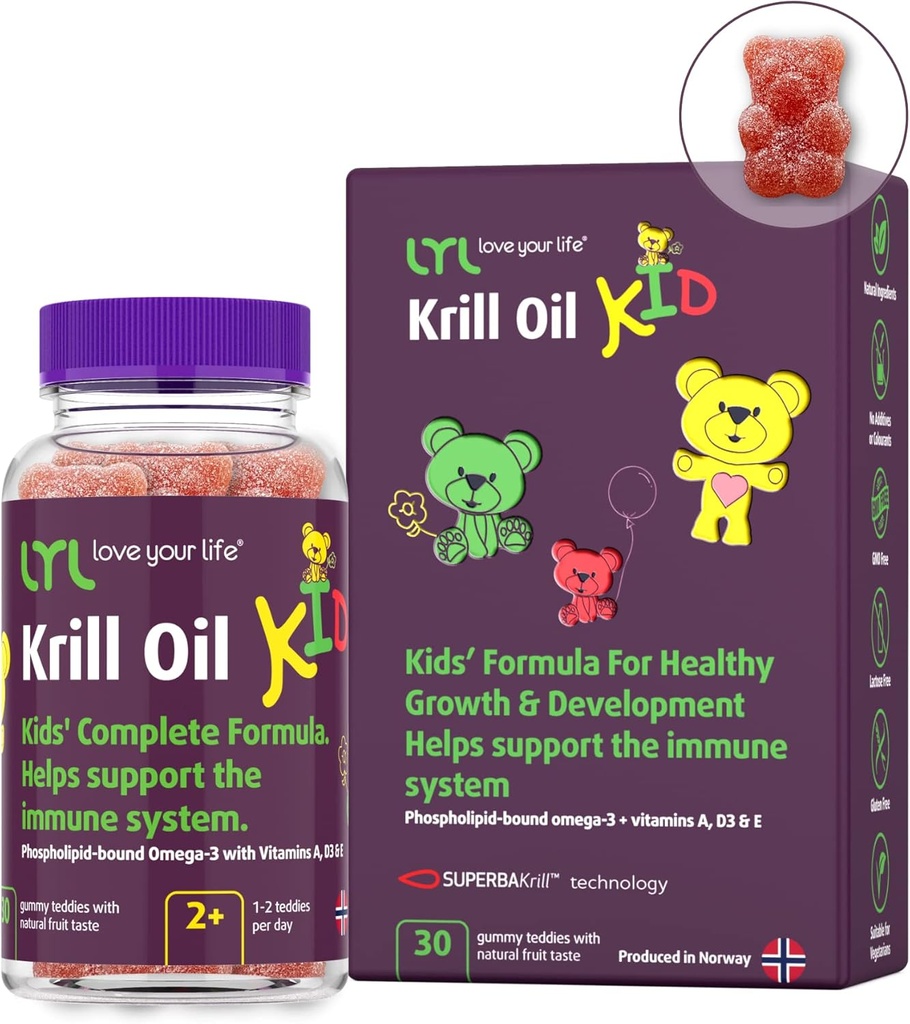 LYL Krill Oil Kid Gummy Björnar med vitamin D 3, Vitamin E och vitamin A - fosfolipid-Bound Omega 3 för hälsosam tillväxt och utveckling - Gummy Björnar med Orange, Apple & Raspberries Taste (Pack av 30)