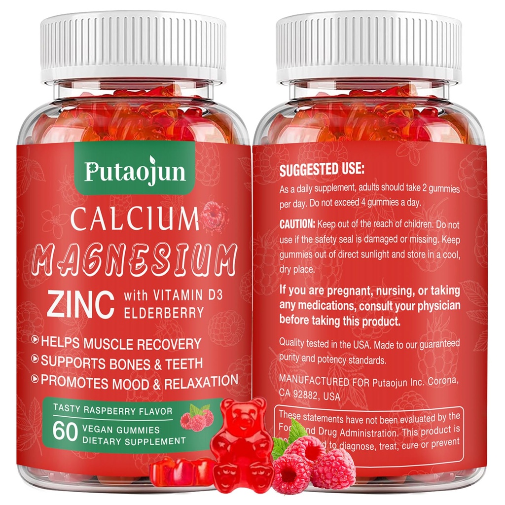 High Absorption Calcium Magnesium Zinc Gummies, Sugar Free Calcium Magnesium Zink Supplement med D3 | Ben- och tänderstyrka | Muskel och nervfunktion | Vegan | Raspberry Flavor | 1 Pack