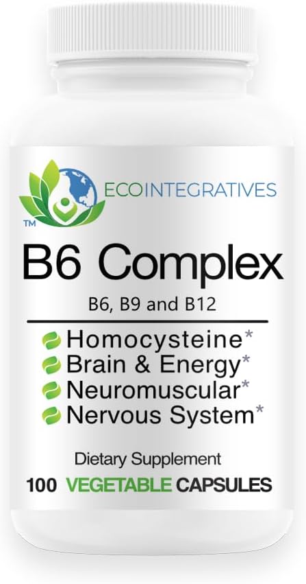 B6 Complex Vegan Vitamin B6, B9 Folate, B12 Methylcobalamin stöder kardiovaskulärt, neuromuskulärt, nervsystem, Homocystein, energi, blodcell och benhälsa 100 Caps