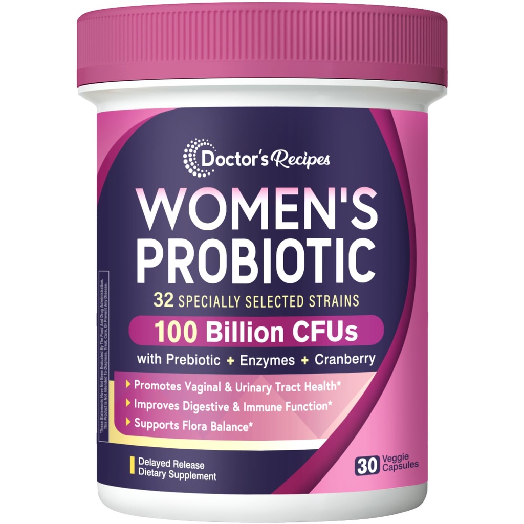 Doktorns recept Probiotika för kvinnor, 100 miljarder CFU 32 stammar, med Prebiotic Fiber, Enzymes & Cranberry, Vaginal Urinary Digestive & Immune, No Yeast, Shelf Stable, Delayed Release, 30 Caps