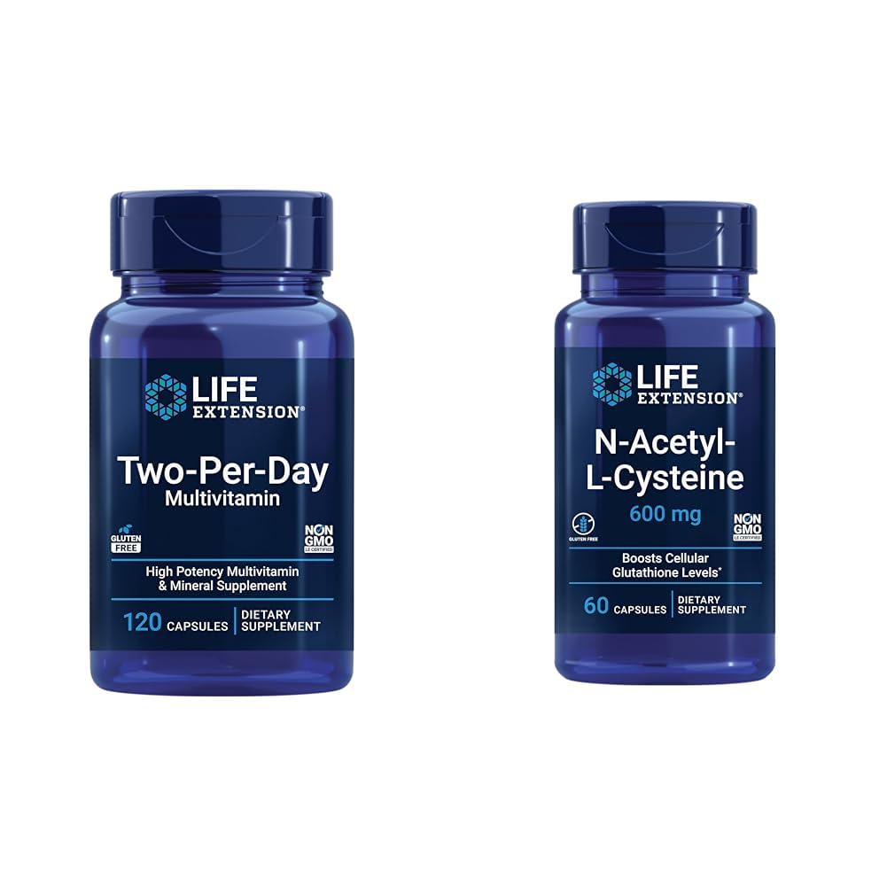 Life Extension Two-Per-Day Multivitamin, Vitamin B, C, D, zink, 25 Vitaminer, mineraler och extrakt, 120 kapslar Bundle med N-Acetyl-L-Cysteine (NAC) 600 mg, 60 kapslar