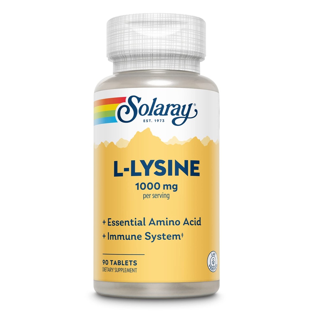 SOLARAY L Lysine - Free-Form Essential Amino Acid - Immune Support Supplement med 1000mg L-Lysine, 1000mg Vitamin C och 25mg Chelated Zink - Lab Verified, 60-dagars garanti, 30 portioner, 90 tabletter