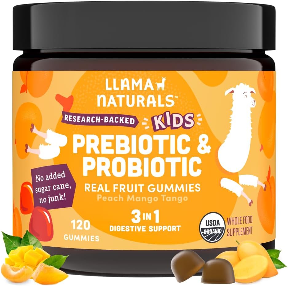 Llama Naturals Kids Probiotic med prebiotisk fiber, Vegan, organisk prebiotika och probiotika Gummies för Gut Health Support, Toddler Real Fruit Gummy Vitamins, No Added Sugar Cane, Peach Mango, 120 Ct