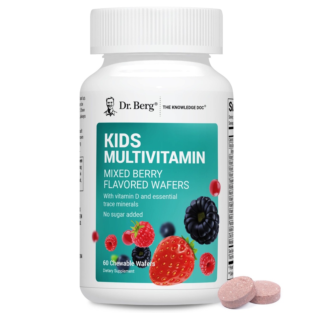 Dr Berg Kids Chewable Multivitamins (NOT Sweetened w/Sugar) - Daglig multivitamin för barn som innehåller 20 näringsämnen och spår mineralkomplex - Blandade Berry Chewable Vitaminer för barn - Red Wafers