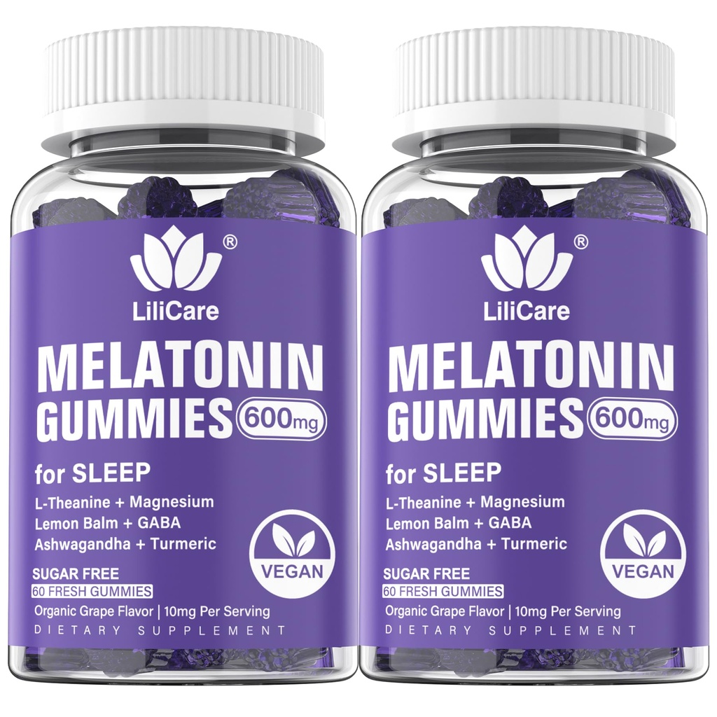 Melatonin 20mg Gummies för vuxna (2 Packs) Extra Styrka med L-Theanin, Ashwagandha, Magnesium, gurkmeja, GABA, Lemon Balm och Chamomile för Stöd Hälsosamma Cirkadiska Rhythm, Grape Flavor