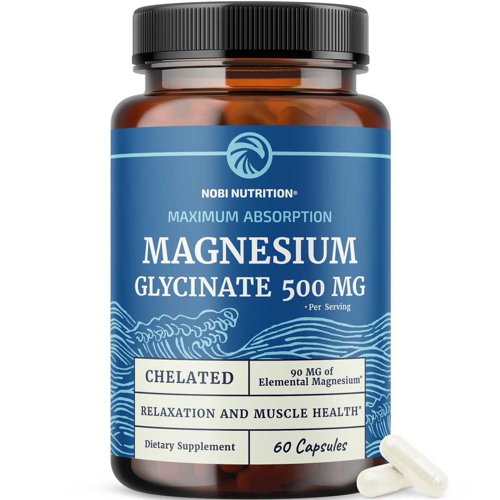Magnesium Glycinate 500mg | Chelated for High Absorption | Muscle Relaxation, Bones, Heart, Nerve, Sleep & Calm Support för kvinnor och män | Magnesium Chelate Supplement & Bisglycinate Complex | 60ct