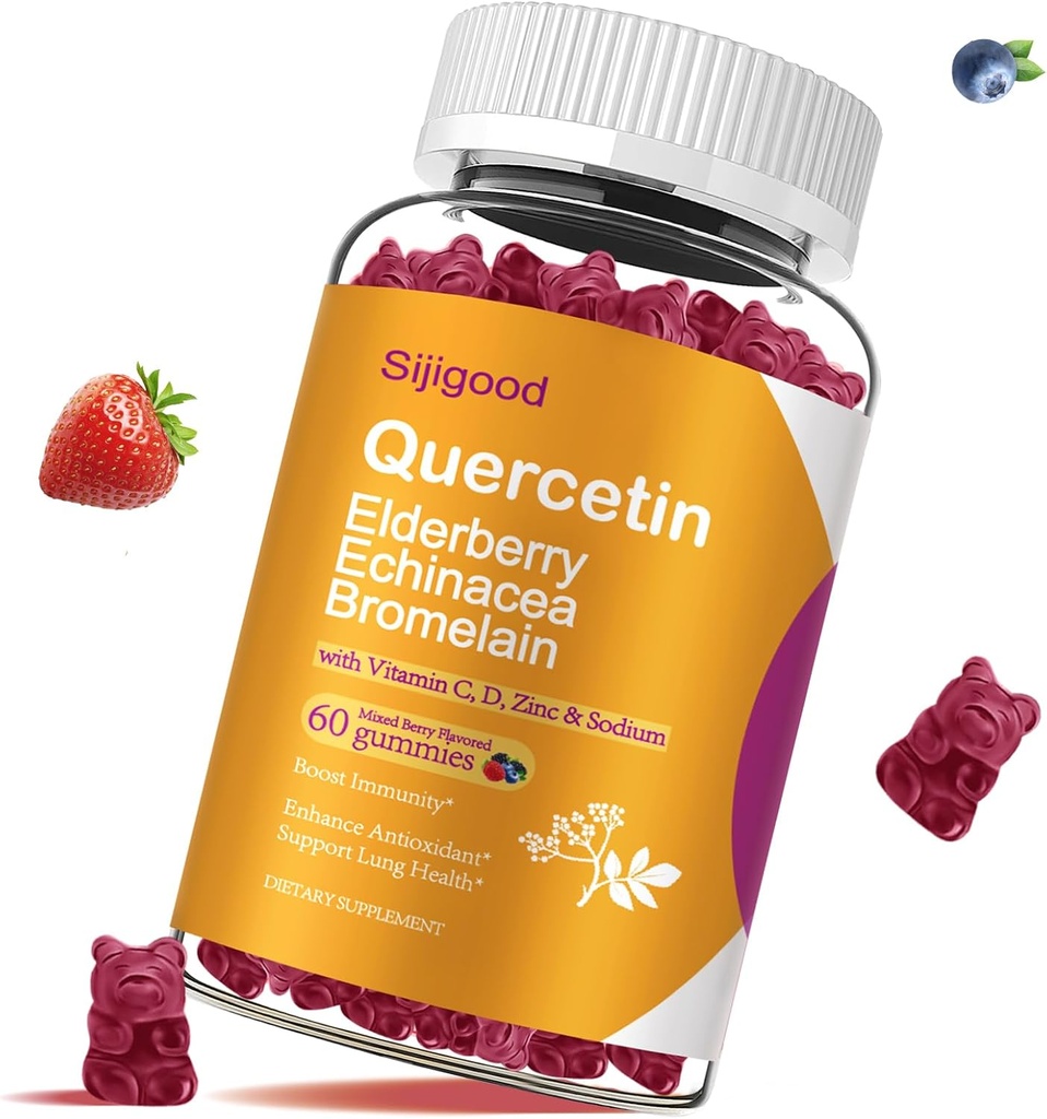 Quercetin Gummies med Bromelain, Elderberry, Echinacea, Vitamin C D Zinc - Immune System Support 60 Counts Pure Quercetin Gummies för barn och vuxna