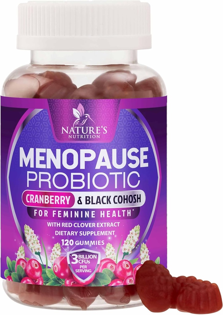 Klimakteriet Tillägg för kvinnor - 3 miljarder CFU Natural Menopause Relief för Mild Hot Flashes & Night Sweats, PH, Vaginal Health Support Probiotics for Women Gummy, Probiotic Supplement - 120 Gummies