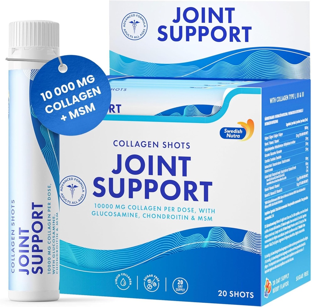 Swedish Nutra - Joint Support Shots I 10,000 mg Collagen Type I, II & III I Glucosamine, MSM, Chondroitin, Turmeric I 100% Natural Flavour I Sugar-Free - 20 Shots per Box