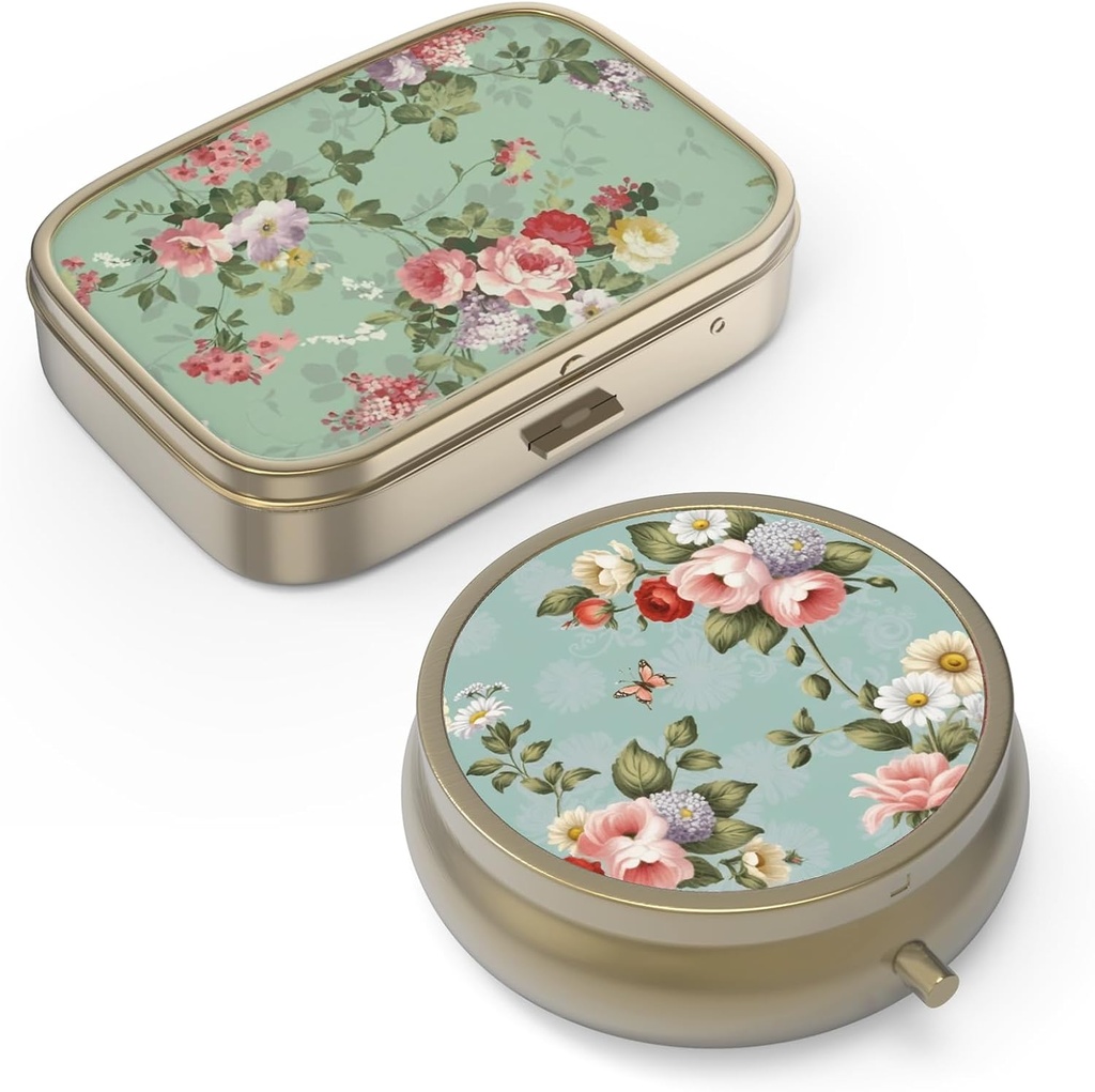 Pill Case Pill Box med Mirror Retro Small Pill Case för Purse eller Pocket Brons Pill Box eller Vitaminer, Fish Oil, Supplements, Pill Containe Travel Gifts(2PCS)