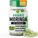 Organisk Moringa, näringsrika antioxidantstöd med vitamin C, A, E, Calcium, kalium, järn, magnesium, protein och aminosyror för hydrering och energi, Vegan, 1200 MG Per Servering, 90 CT