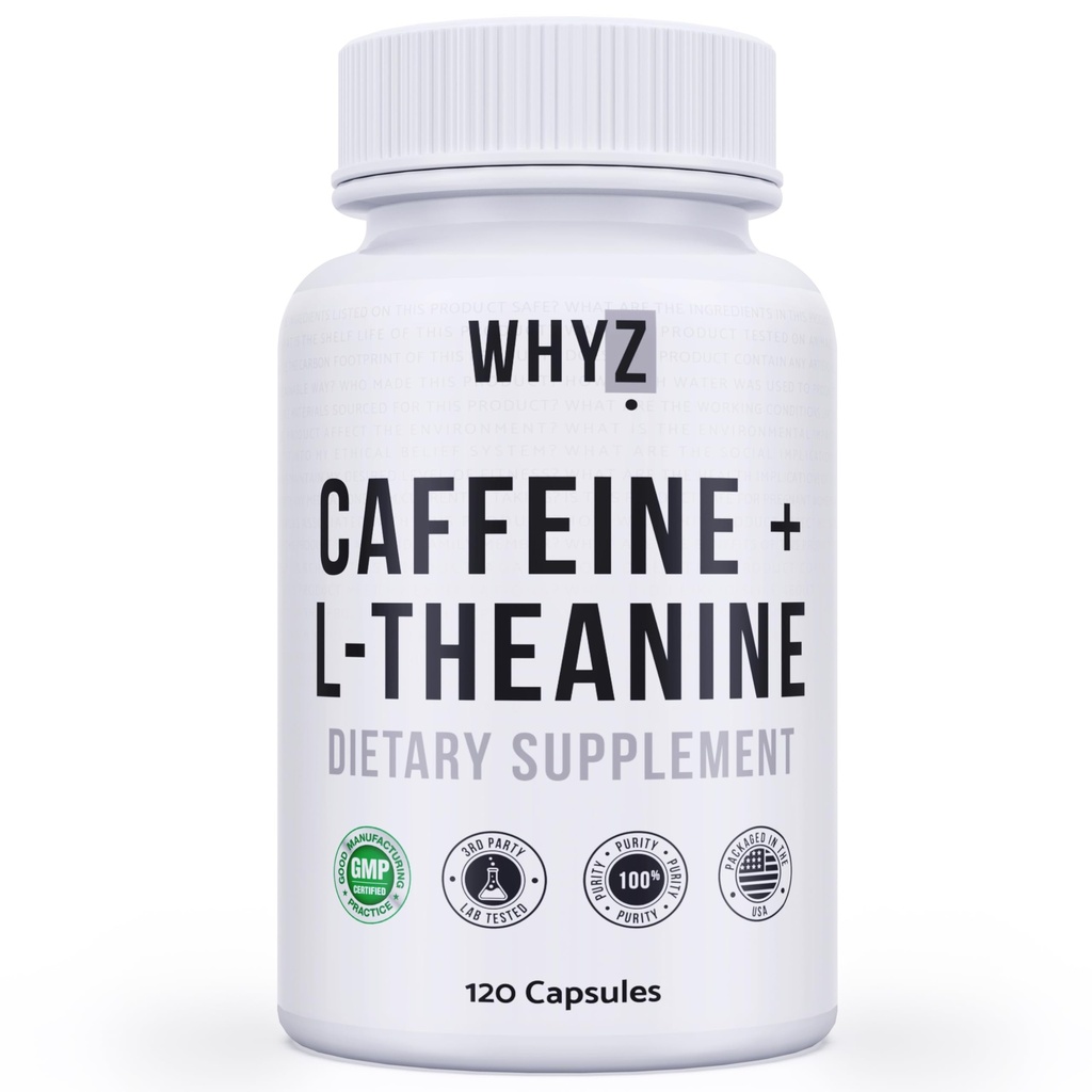 WHYZ koffeinpiller med L-Theanin, 120 kapslar, Nootropic Stack Energy Pills, Energy Vitamins för hållbar energifokus och kognitiv funktion, L Theanine Caffeine Energy Supplements för kvinnor och män