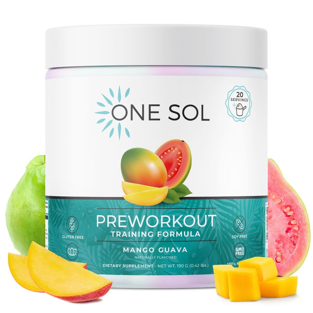 One Sol Pre-Workout for Women, Enhanced Pump & Focus, No Jitters Or Crash, Natural Ingredients, 100% Vegan, Gluten Free & Soy Free, (Mango Guava)