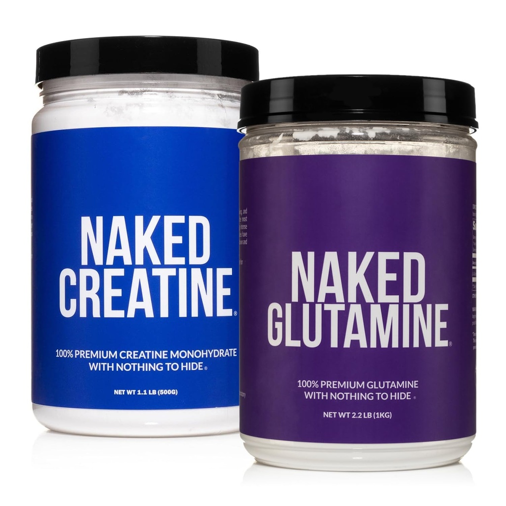 Naked Pure Micronized Creatine Monohydrate 100 Servings + 200 Servings Pure L-Glutamine Bundle: Vegan, icke-GMO, Gluten Free. Minimera Muscle Breakdown & Improve Protein Synthesis. Ingenting artificiell