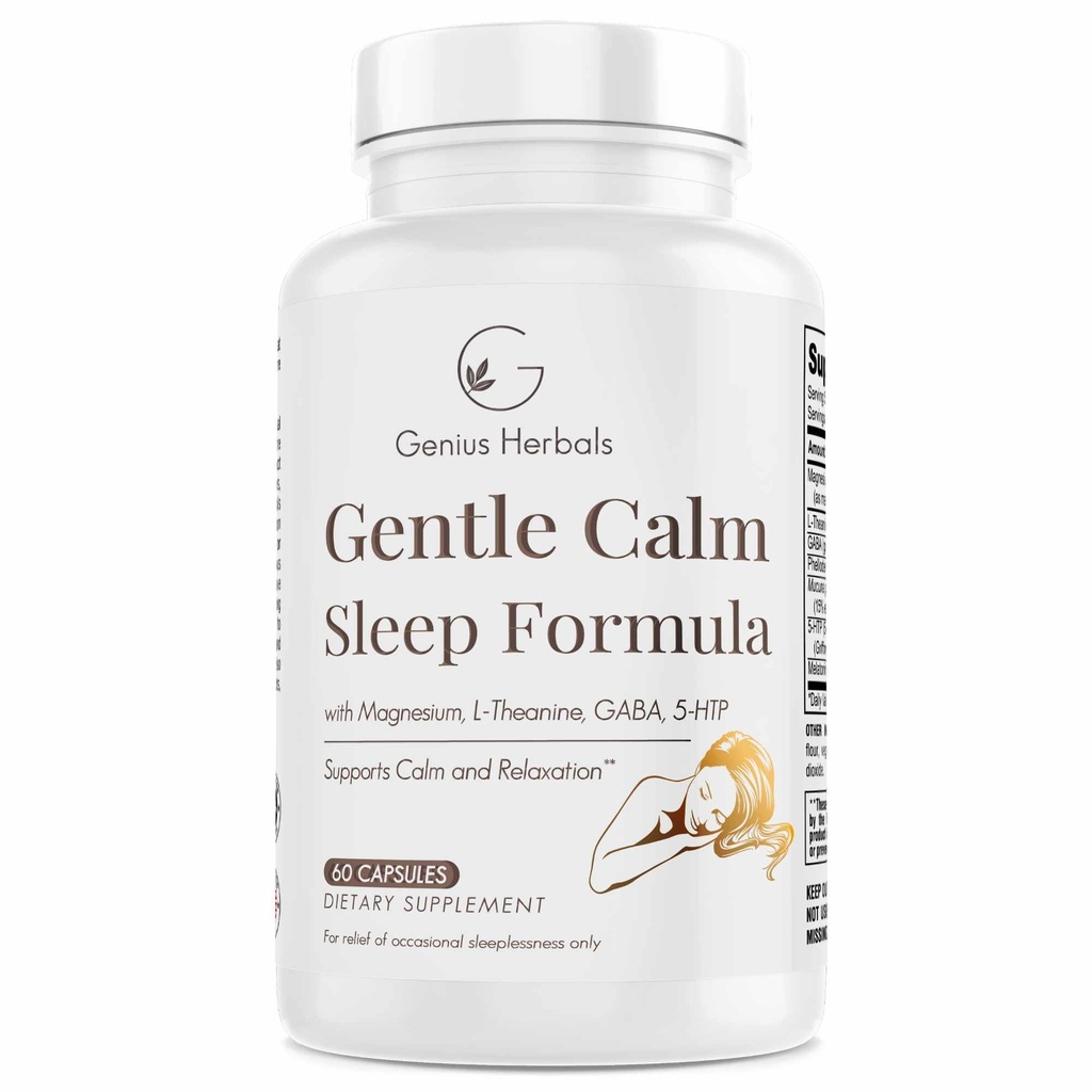 Gentle Calm Sleep Formel med Magnesium, L-Theanine, Melatonin, GABA, 5-Htp | Sleep Aid | Non-GMO - 60 kapslar