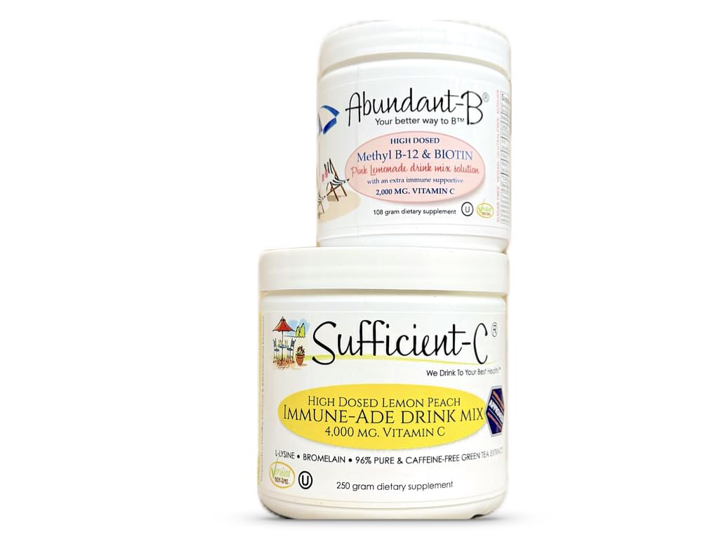 Tillräcklig-C 250 gram Vitamin C Immune-ade Drink Mix och Abundant-B hög dos B-12 och Biotin Pink Lemonade Drink Mix Solution