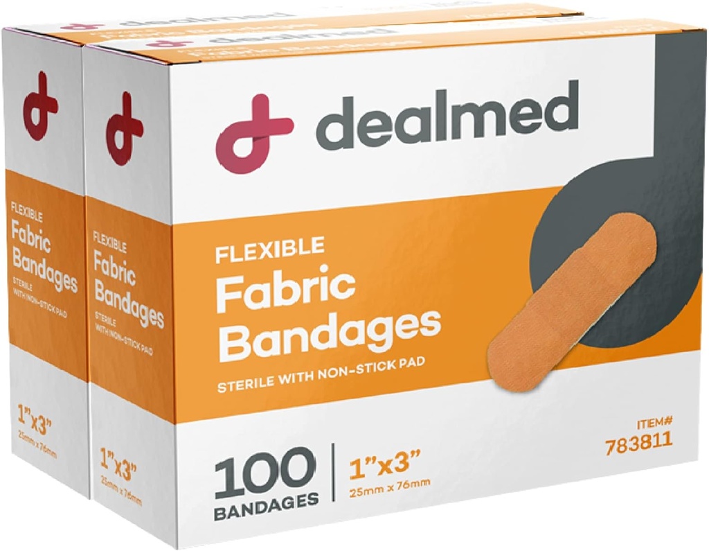 Dealmed Sterile Flexible Fabric Adhesive Bandages - 1x3 Inch - 100/Box - 2 Boxar - Breathable First Aid Strip Pack - Soft Stretch Wound Patch for Medical, Emergency Kits & Clinic