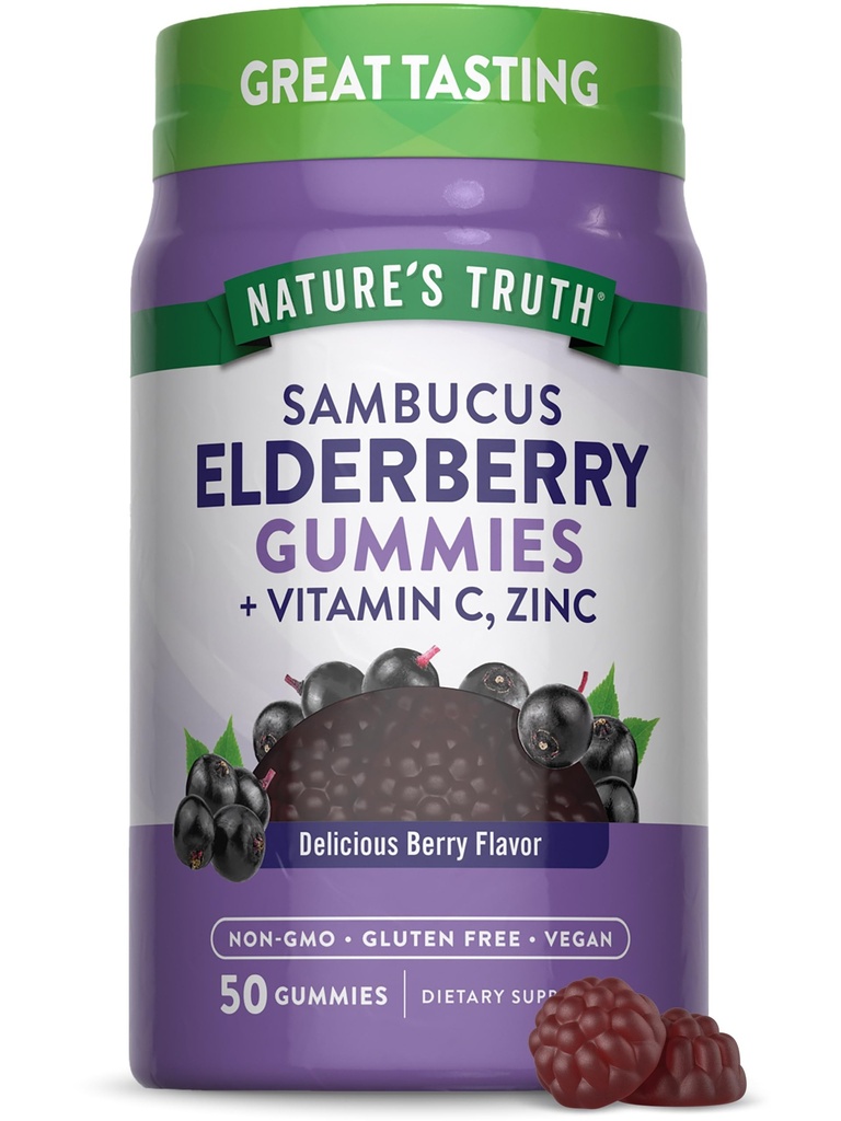 Naturens Sanning Black Elderberry Gummies | 50 Vegan Gummies | med vitamin C och Zink | Berry smak | Vegan, icke-GMO och Gluten fri tillägg