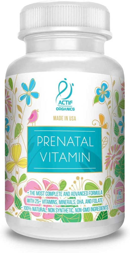 ACTIF Organic Prenatal Vitamin med 25+ Organiska Vitaminer, 100% Naturlig, DHA, EPA, Omega 3 och Organic Herbal Blend - Non-GMO, 90 Count