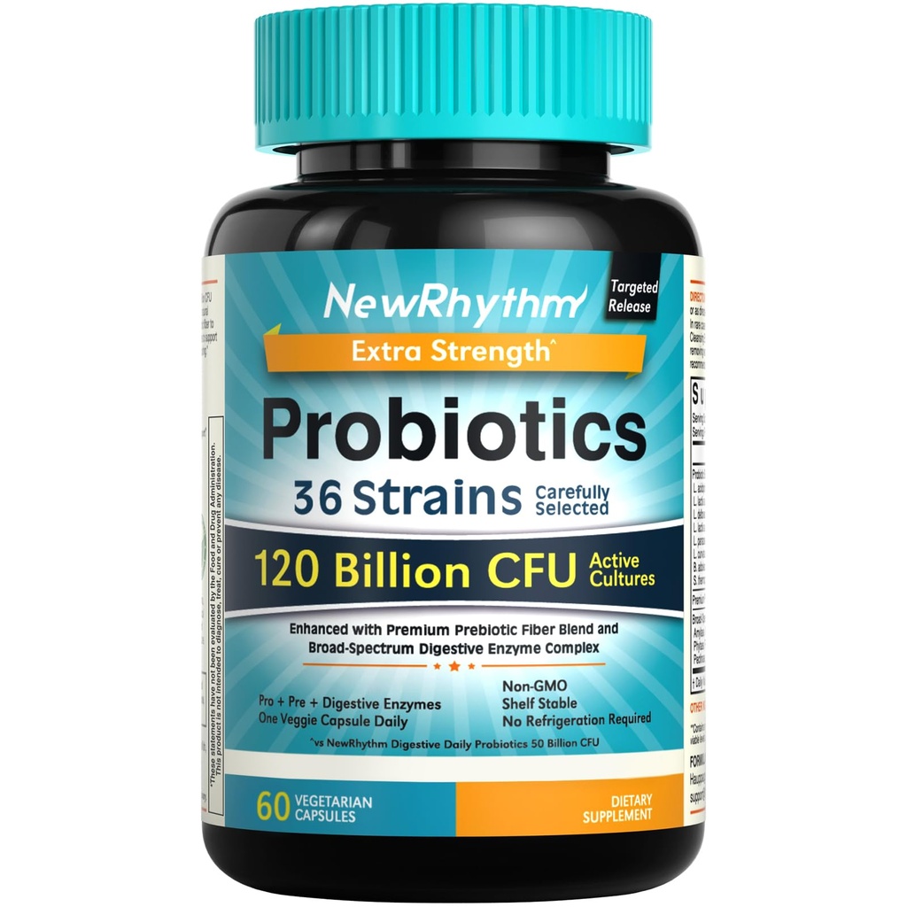 NewRhythm Probiotics 120 miljarder CFU 36 Stammar, 3-i-1 Probiotika med Prebiotika & Enzymer, Probioticos för kvinnor och män, Vegan Targeted Release Supplement, 60ct