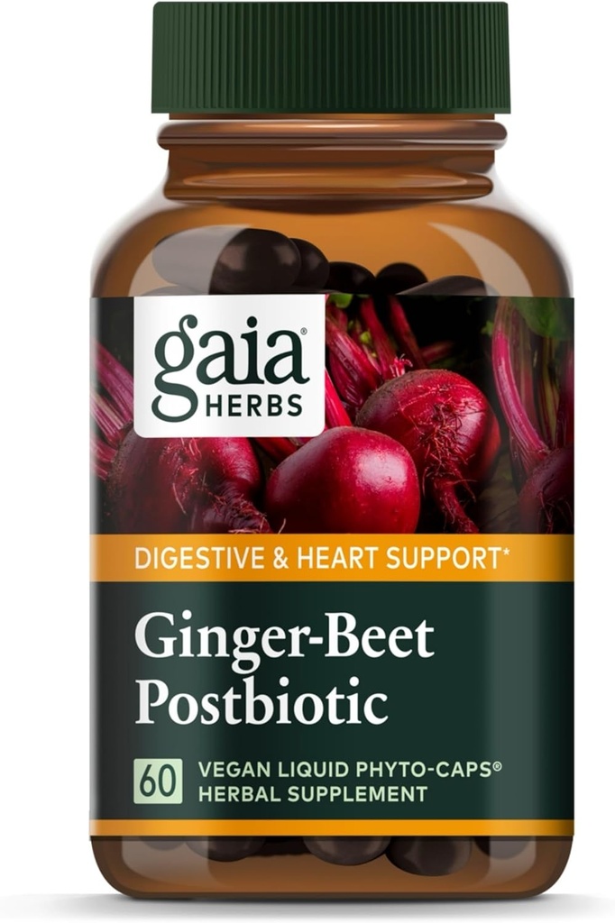Gaia Herbs Ginger-Beet Postbiotic - Tillägg för Gut & Heart Health Support - Gjord med organiska fermenterade betor och ingefära - fri från Dairy, Soy & Gluten - 60 Vegan kapslar (30 portioner)