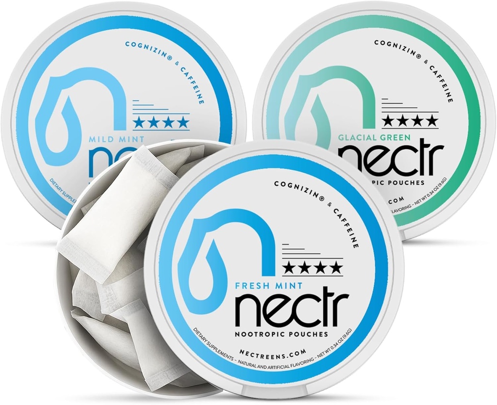 Nectr Energy Nootropic Pouches Mint Mix - Koffeinpåsar med Cognizin Citicoline. 3 smaker: Mild och Fresh Mint och Glacial Green. Sockerfri, nikotinfri lugn fokus och energiförsörjning