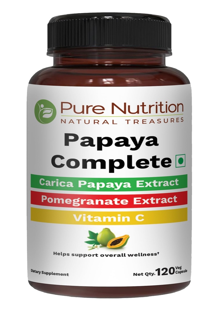 Pure Nutrition Papaya Complete | 120 Caps | Carica Papaya Leaf Extract med järn, VIT C, VIT A & Folic Acid | Stöder Platellets immunitet & Digestion Non-GMO | Gluten-Free